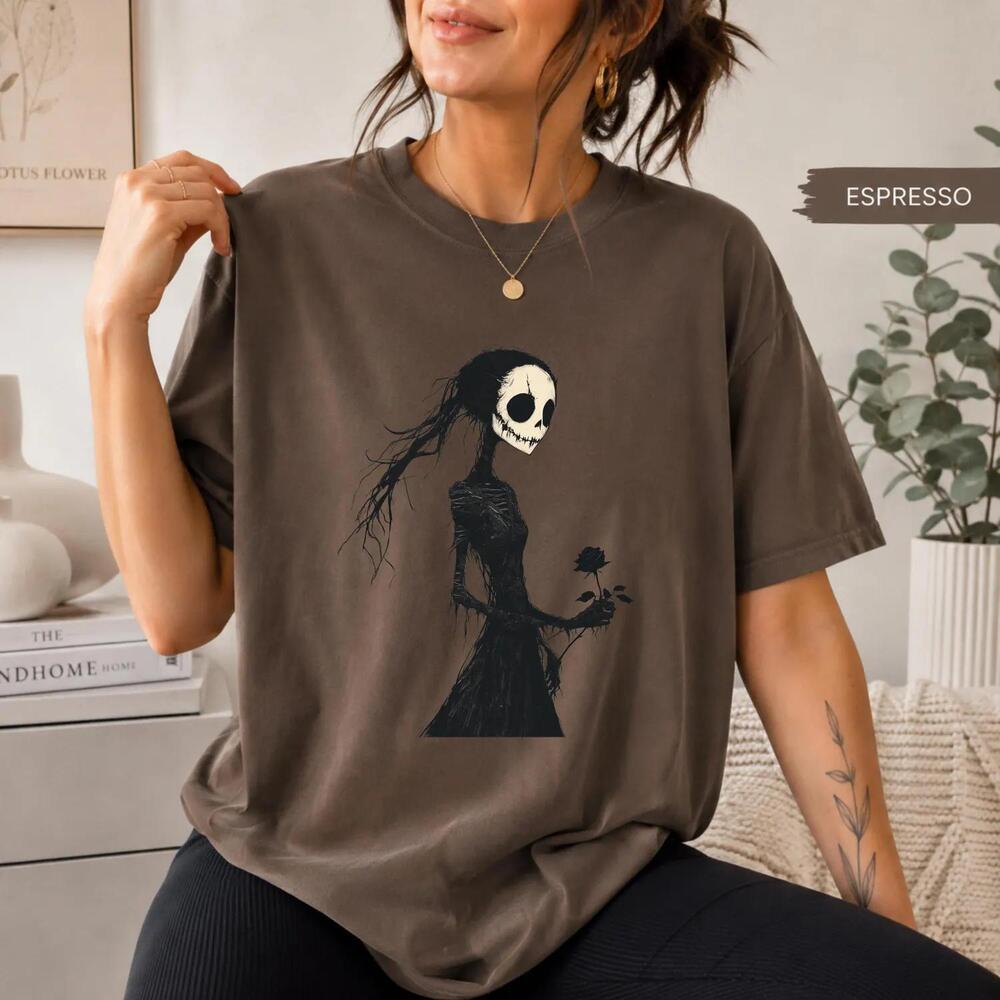 Gothic Skeleton Woman T-Shirt, Dark Romance Skull Girl Tee, Black Rose